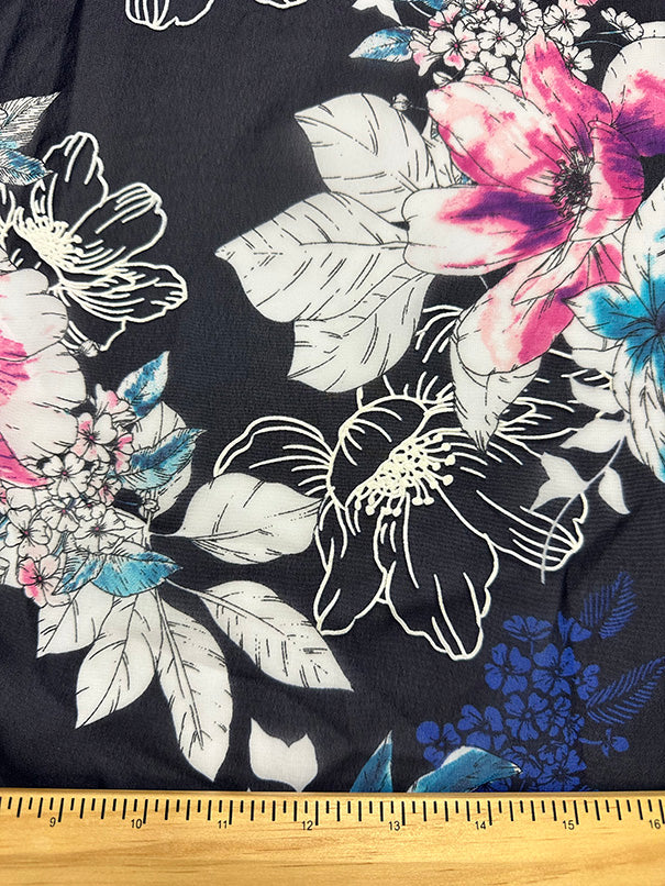 Blue and Pink Flocked Floral Poly Chiffon Fabric
