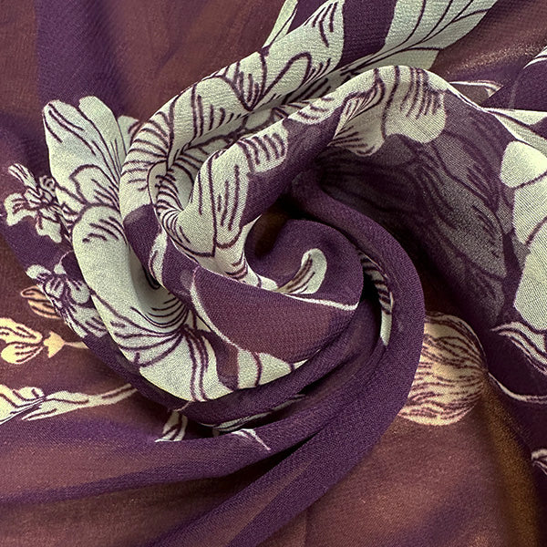 Purple and White Floral Print Poly Chiffon Fabric