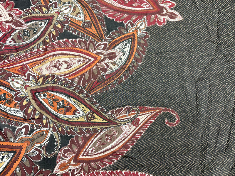 Brown Multi Herringbone Paisley Poly Border Print Chiffon