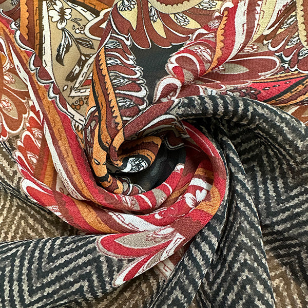 Brown Multi Herringbone Paisley Poly Border Print Chiffon