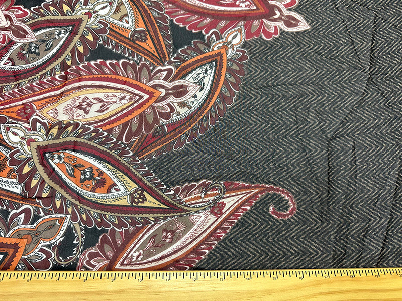 Brown Multi Herringbone Paisley Poly Border Print Chiffon