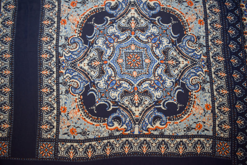 3 1/4 YD PC-Blue-White-Orange Poly Moroccan Bandana PANEL Printed Chiffon Woven Fabric