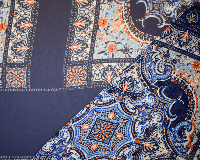 3 1/4 YD PC-Blue-White-Orange Poly Moroccan Bandana PANEL Printed Chiffon Woven Fabric
