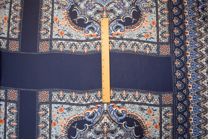 3 1/4 YD PC-Blue-White-Orange Poly Moroccan Bandana PANEL Printed Chiffon Woven Fabric