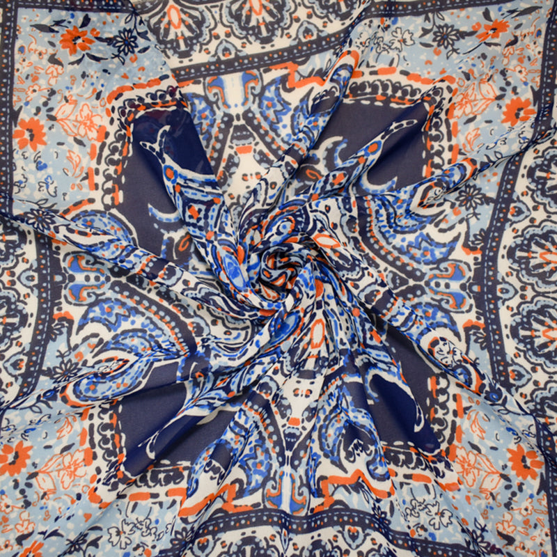 3 1/4 YD PC-Blue-White-Orange Poly Moroccan Bandana PANEL Printed Chiffon Woven Fabric