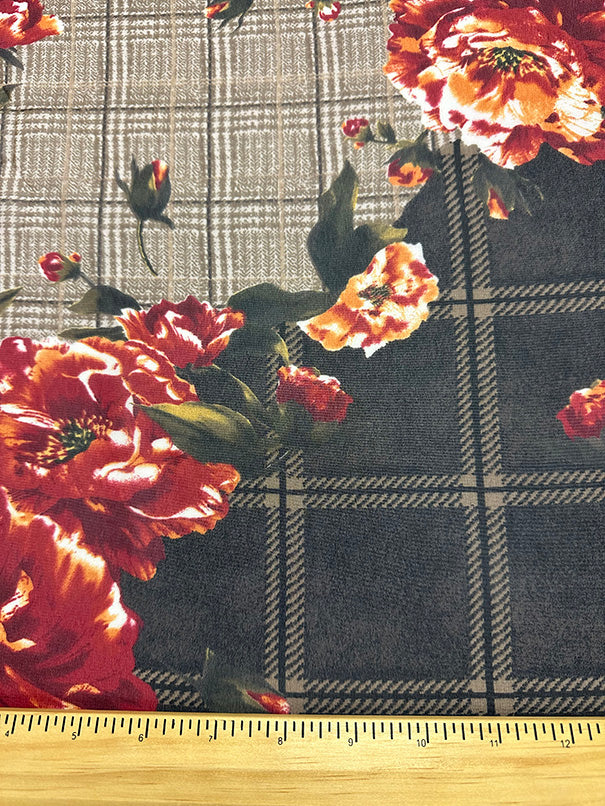 4 1/2 YD PC-Brown Plaid Floral Print Poly Chiffon Fabric