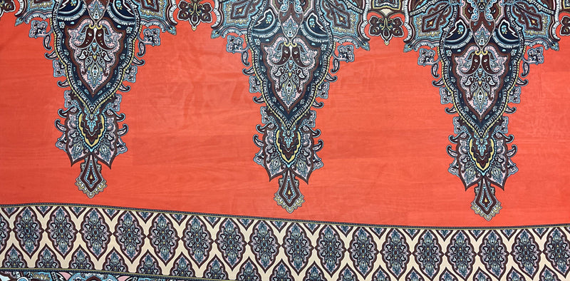 Red-Brown-Multi Poly Baroque Border Printed Chiffon Woven Fabric