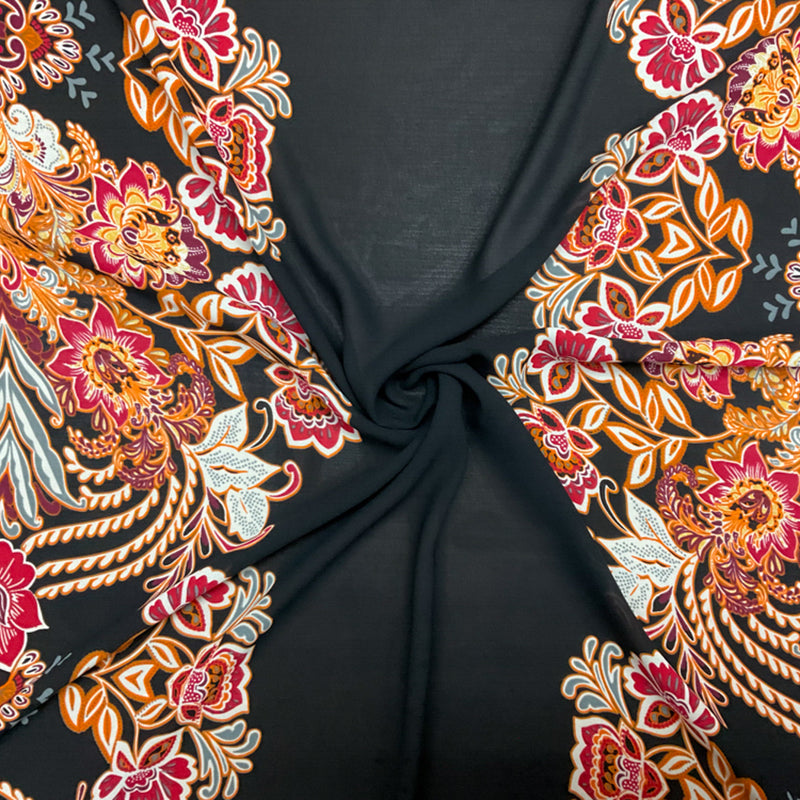 Black-Orange-Multi Poly Floral Stripe Printed Chiffon Woven Fabric