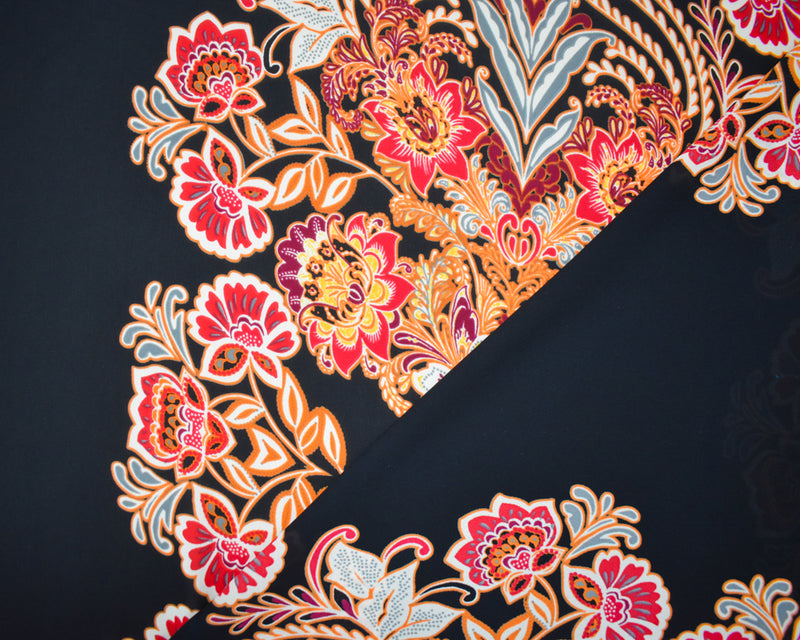 Black-Orange-Multi Poly Floral Stripe Printed Chiffon Woven Fabric
