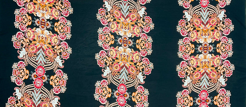 Black-Orange-Multi Poly Floral Stripe Printed Chiffon Woven Fabric