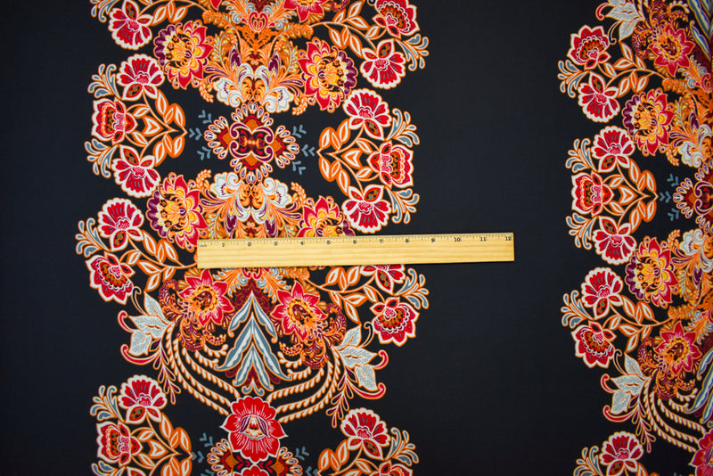 Black-Orange-Multi Poly Floral Stripe Printed Chiffon Woven Fabric