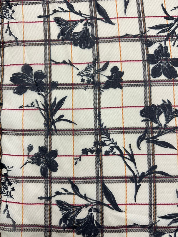 Black Plaid Ivory Silhouette Print Poly Chiffon Fabric