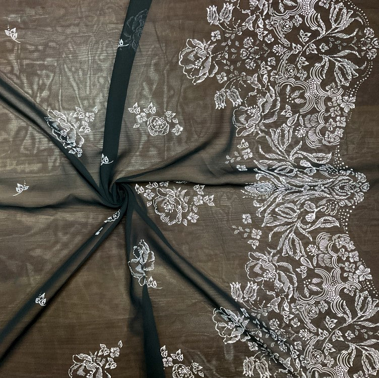 Black-White Poly Floral Border Printed Chiffon Woven Fabric