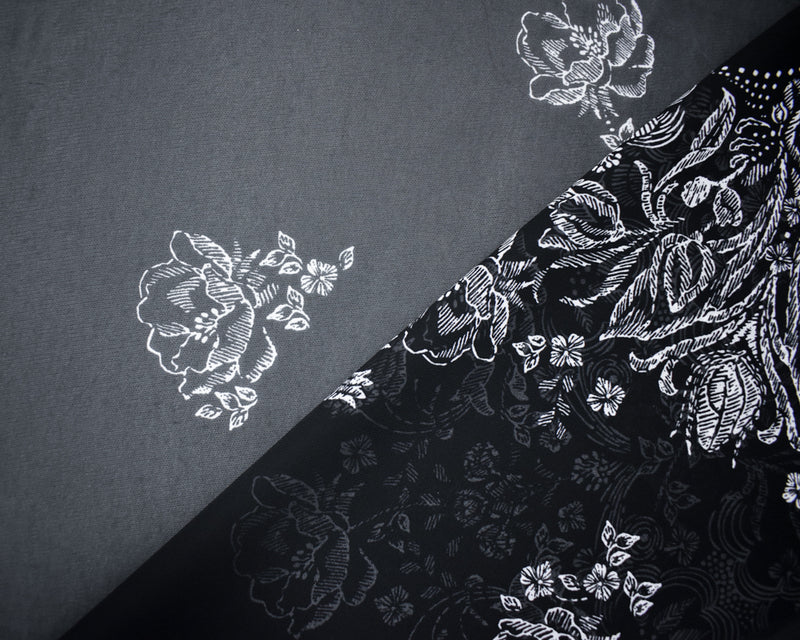 Black-White Poly Floral Border Printed Chiffon Woven Fabric