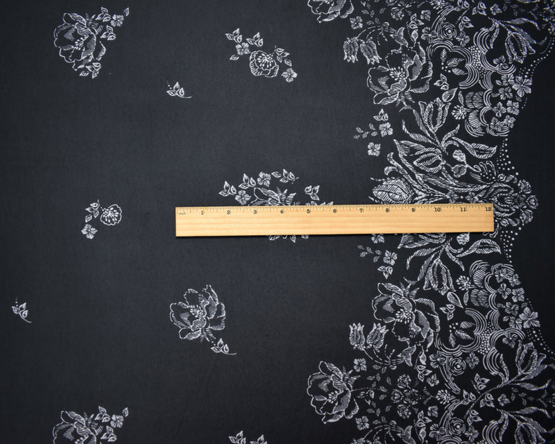 Black-White Poly Floral Border Printed Chiffon Woven Fabric