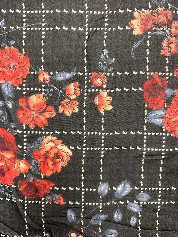 Red Floral Plaid Print Poly Chiffon Fabric