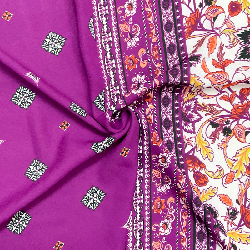 Purple-Multi Poly Border Print Momie Georgette Woven Fabric