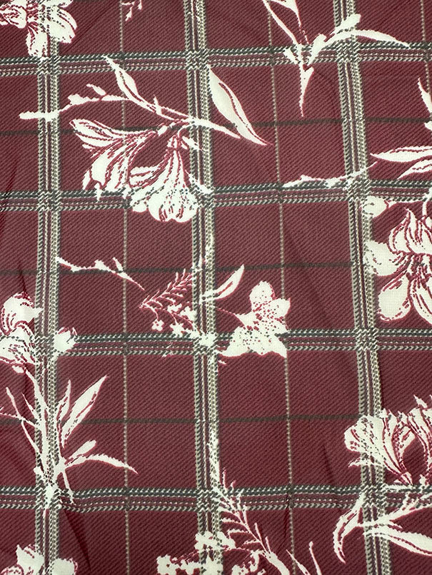 Red Plaid Ivory Silhouette Print Poly Chiffon Fabric