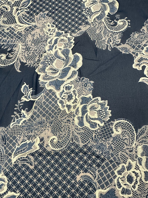 Navy Blue Flocked Print Poly Chiffon Fabric