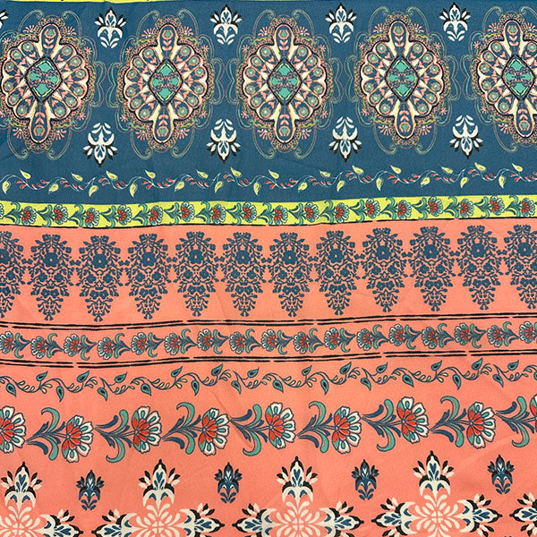 Pink Multi Floral Medallion Print Stripe Chiffon Fabric