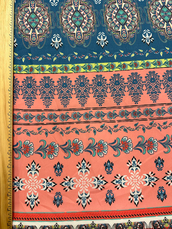 Pink Multi Floral Medallion Print Stripe Chiffon Fabric