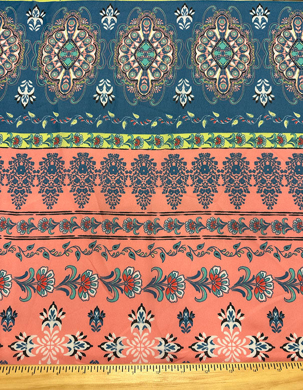 Pink Multi Floral Medallion Print Stripe Chiffon Fabric