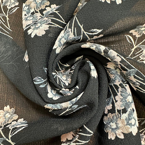Black Floral Print Ripstop Look Poly Chiffon Fabric