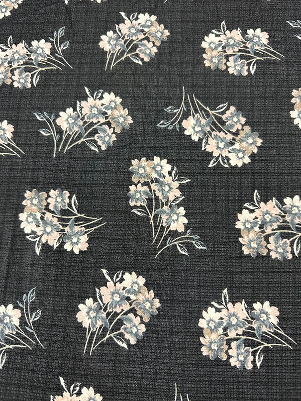 Black Floral Print Ripstop Look Poly Chiffon Fabric
