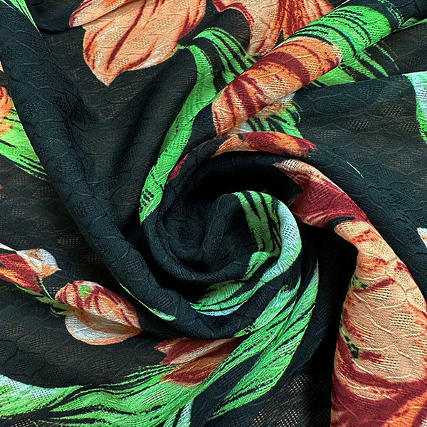 Black Floral Print Jacquard Chiffon Fabric