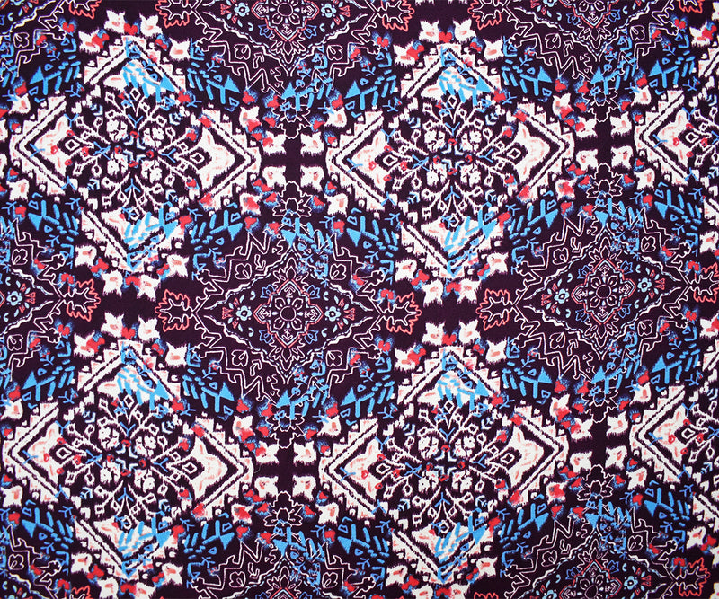 Purple-Turquoise-Multi Poly Diamond Aztec Printed Crepe Dobby Woven Fabric