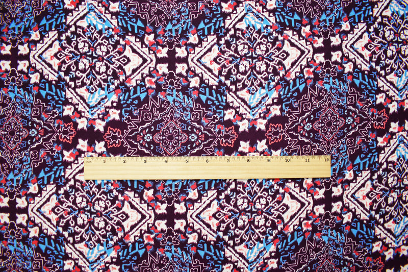 Purple-Turquoise-Multi Poly Diamond Aztec Printed Crepe Dobby Woven Fabric