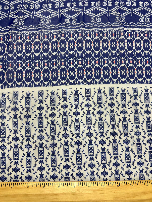 Blue and White Tribal Poly Print Chiffon Fabric