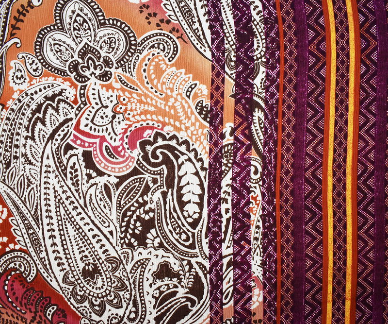 Red-Orange-Multi Poly Paisley Border Printed Crinkled Crepe Woven Fabric