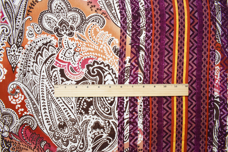 Red-Orange-Multi Poly Paisley Border Printed Crinkled Crepe Woven Fabric