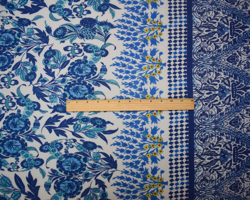 Blue-White-Multi Poly Floral Paisley Border Print Chiffon Woven Fabric