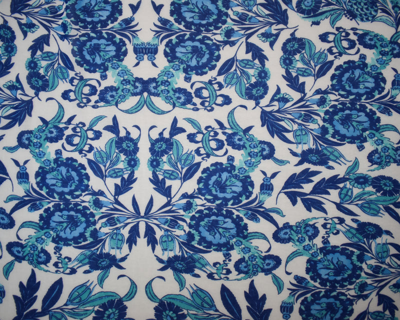 Blue-White-Multi Poly Floral Paisley Border Print Chiffon Woven Fabric