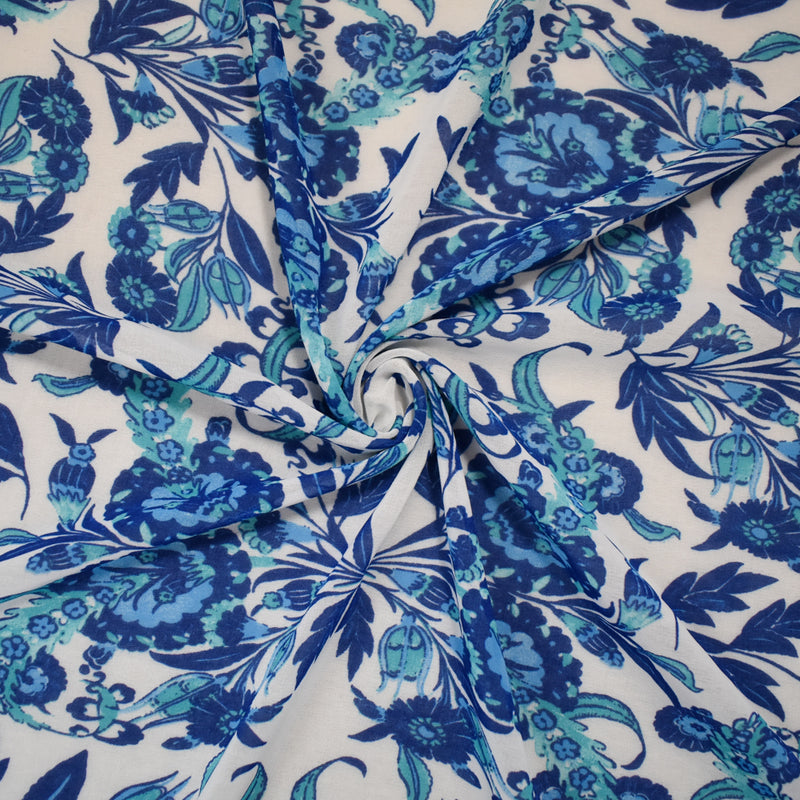 Blue-White-Multi Poly Floral Paisley Border Print Chiffon Woven Fabric