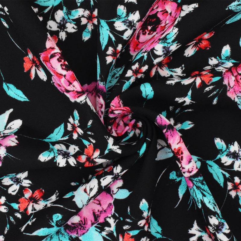 Black-Teal-Pink Polyester Floral Printed Momie Crepe Georgette Woven Fabric