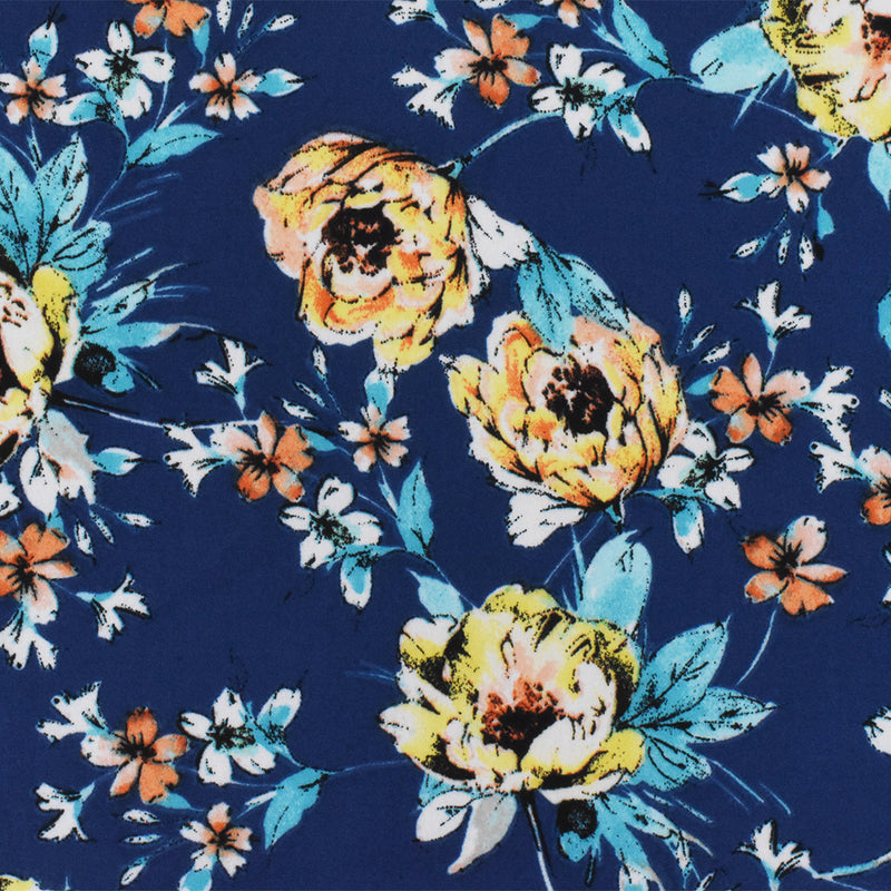 Blue-Yellow-Multi Poly Floral Printed Crepe Momie Georgette Woven Fabric
