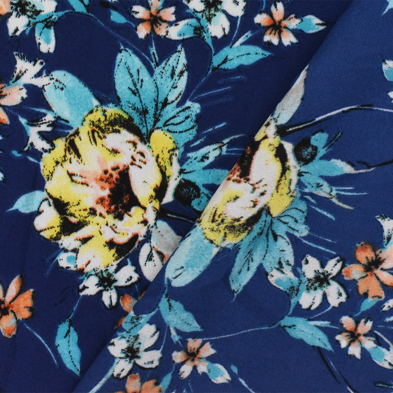 Blue-Yellow-Multi Poly Floral Printed Crepe Momie Georgette Woven Fabric