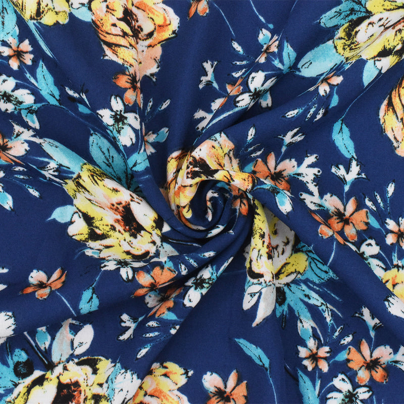 Blue-Yellow-Multi Poly Floral Printed Crepe Momie Georgette Woven Fabric