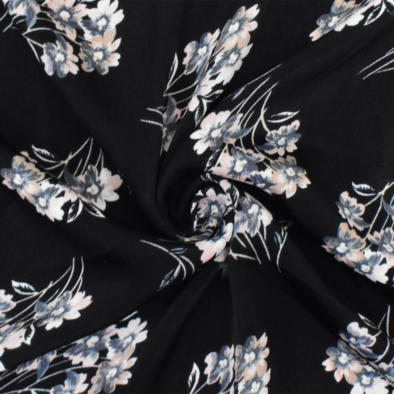 Black-Pink-Gray Poly Floral Printed Twill Satin Woven Fabric