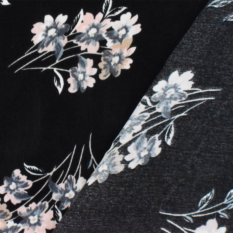 Black-Pink-Gray Poly Floral Printed Twill Satin Woven Fabric