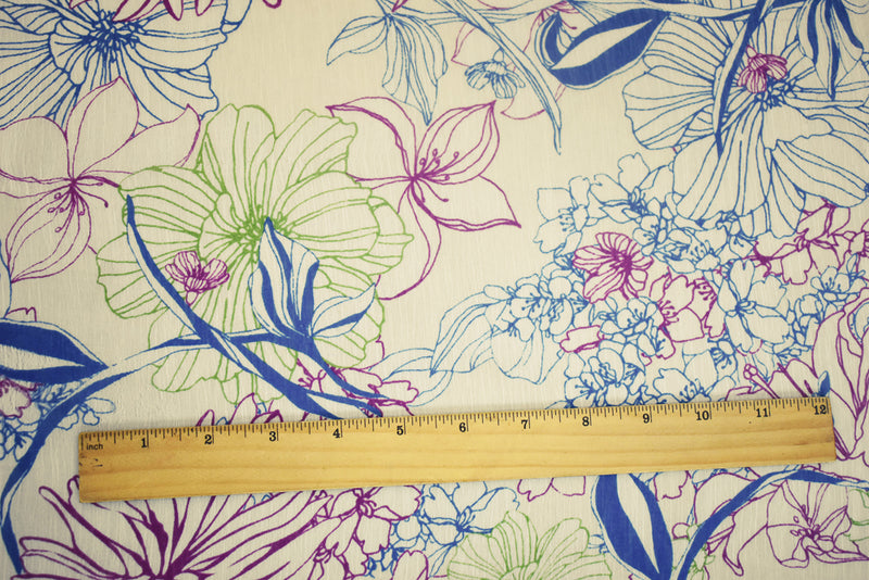 Ivory-Purple-Multi Floral Printed Poly Yoryu Chiffon Woven Fabric