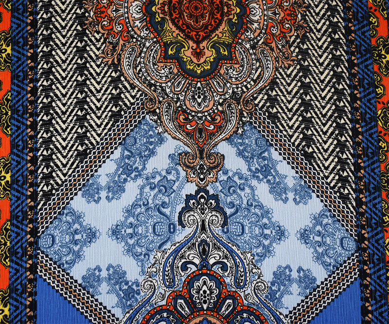 Blue-Orange-Multi Baroque Printed Poly Crepe Georgette Woven Fabric