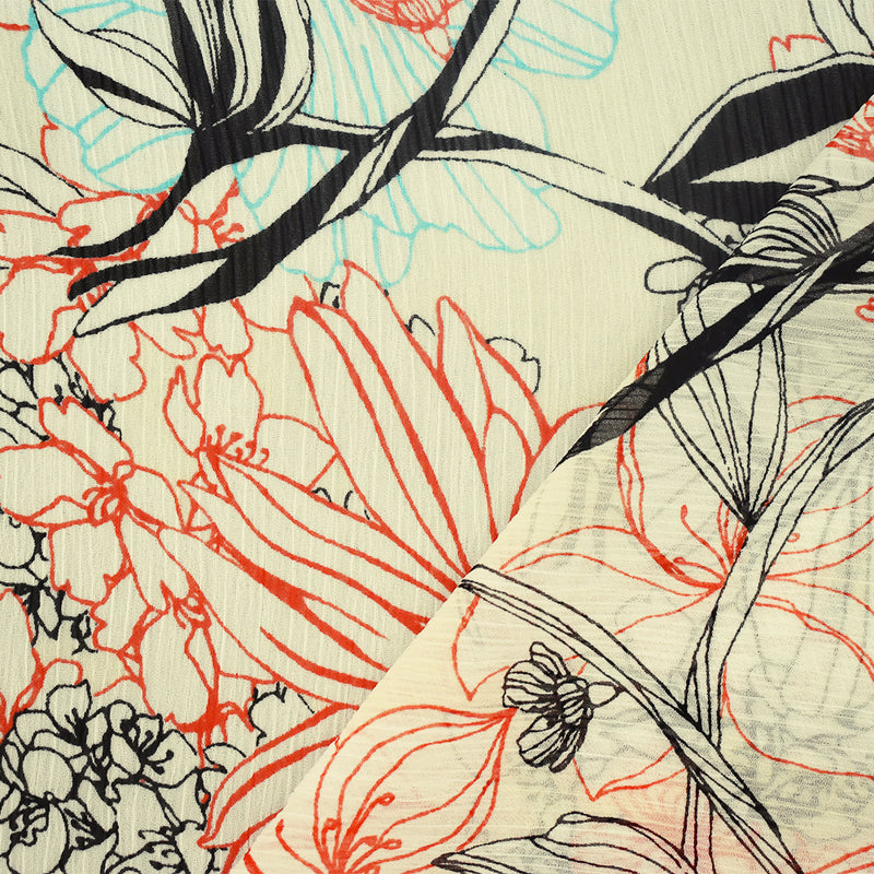 Ivory-Orange-Multi Floral Printed Poly Yoryu Chiffon Woven Fabric