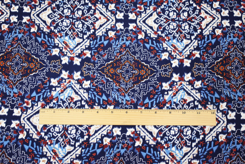Blue-Brown-Multi  Moroccan Diamond Print Poly Crepe Momie Georgette Fabric