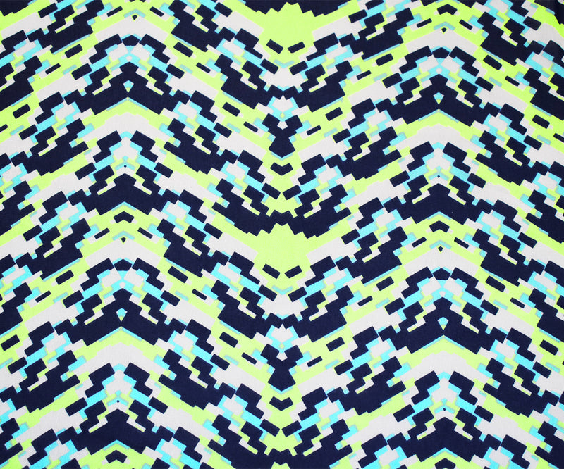 Navy-Lime Green-Multi Pixel Printed Poly Chiffon Woven Fabric