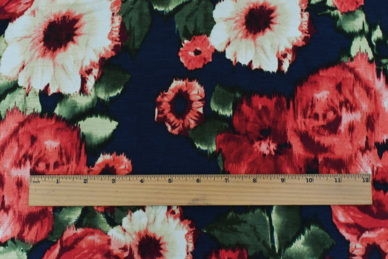 Deep Navy-Red-Multi Floral Printed Shantung Satin Back Woven Fabric