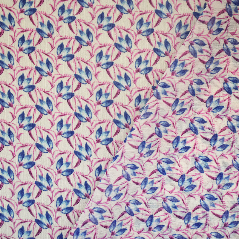 Ivory-Purple-Blue Floral Printed Poly Yoryu Chiffon Woven Fabric